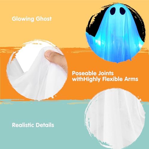 JOYIN 2 Pcs 35.5” Halloween Hanging Light up Ghost Decorations Outdoor, Halloween White Hanging Ghosts with Blue LED Lights and Timer for Haunted House Party Supplies Front Yard Patio Garden Decor