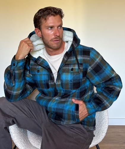 GEEK LIGHTING Men's Flannel Shirts Jacket Sherpa Lined Plaid Zipper Hoodie