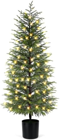 ENVEN 5FT Prelit Norfolk Pine Christmas Tree Real Touch Artificial Cedar Tree with 80LED Lights & 8-Function Plug-in Potted Faux Trees for Front Porch, Entryway, Patio, Christmas Indoor Outdoor Decor