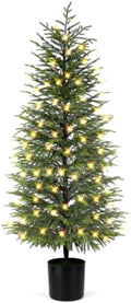 ENVEN 5FT Prelit Norfolk Pine Christmas Tree Real Touch Artificial Cedar Tree with 80LED Lights & 8-Function Plug-in Potted Faux Trees for Front Porch, Entryway, Patio, Christmas Indoor Outdoor Decor