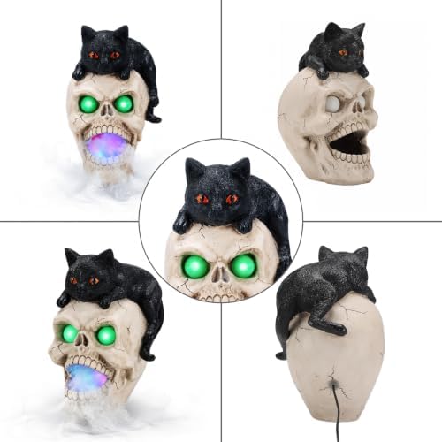 Halloween Black Cat Skeleton Statue LED Light Smoke Effect Decor