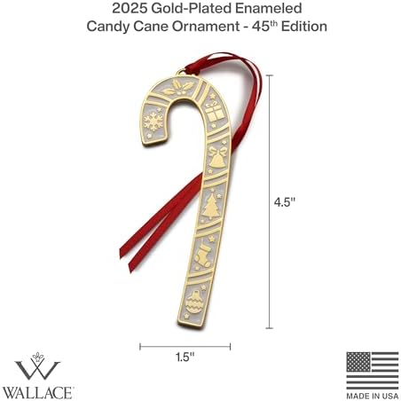 Wallace 2025 Gold-Plated Enamel Candy Cane Ornament - 45th Anniversary Edition - 24k Gold with Blue Enamel and Snowflake Design - 4.5 Inches - Holiday Collectible
