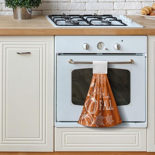 Hello Fall Pumpkin Kitchen Hanging Towels Set of 2 Autumn Maple Leaves Orange Hand Towel with Hanging Loop Seasonal Thanksgiving Fingertip Bath Towels Soft Absorbent Dish Tie Towel