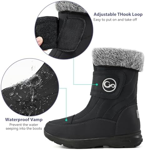 Almusen Snow Boots for Womens Winter Shoes: Warm Fur Lining Mid Calf Boots Women Anti Slip Waterproof Hook Loop Comfortable Outdoor Boot