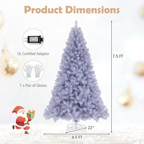 HAPPYGRILL 7.5 FT Pre-lit Tinsel Christmas Tree Artificial Xmas Tree with 550 LED Lights, 8 Modes, 1300 Lavender Purple Branch Tips, Folding Metal Stand, Seasonal Holiday Tree for Home Office Party