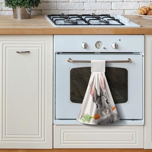 Easter Bunny Hanging Kitchen Towels Spring Easter Grey Rabbit Hand Towels with Hanging Loops Super Absorbent Soft Kitchen Tie Towel Fast Drying Bath Hand Towel for Bathroom Kitchen Set of 2