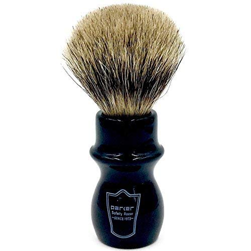 Parker Handmade Deluxe Mug Shaving Brush with Stand - 100% 3-Band Pure Badger Bristles -Extra Dense and Firm (Black)