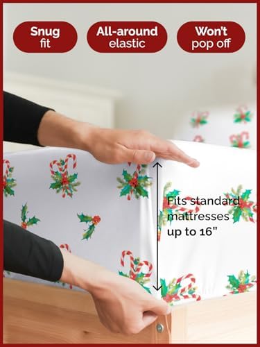 Christmas Sheet Set, Candy Cane Mistletoe, Holiday Xmas Bedding Set - Queen