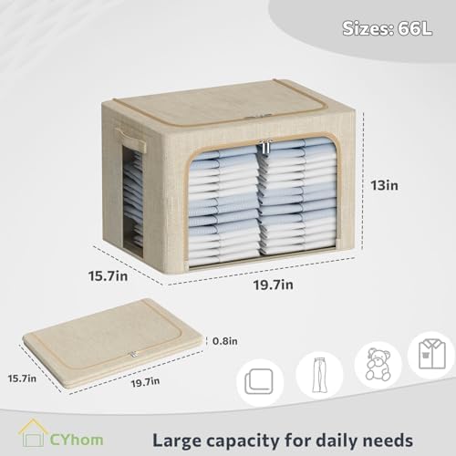 Clothes Storage Bins with Metal Frame, Clear Windows, 66L, Beige, 2-Pack