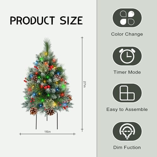 Christmas Tree Urn Filler with Timer, Pre-lit Warm White & Multi-Color Changing LED Lights, Artificial Xmas Tree for Porch, Pathway, Yard, Outdoor Holiday Decoration (2, Tree with Snow)