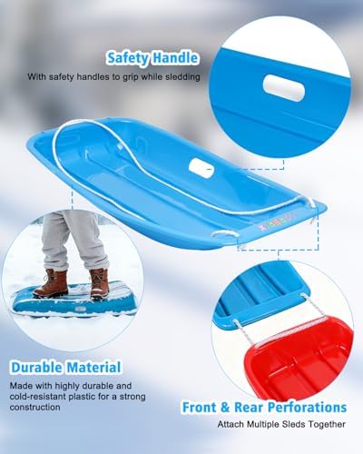 Sleds for Kids, Snow Toboggan Sled with Stickers, Handles and Pull Rope,35 Inch Durable Snow Sled for Kids, Cold-Resistant Plastic Sled