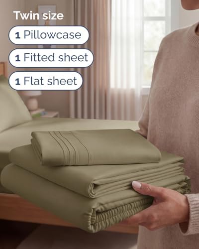 Twin Size 3 Piece Sheet Set - Comfy Breathable & Cooling Sheets - Khaki