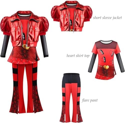 D.O.T Girls Rise Red Costume Includes Red Heart Jacket Shirt Flared Pants Wig Gloves 5pcs Halloween Princess Dress up 3-14Y