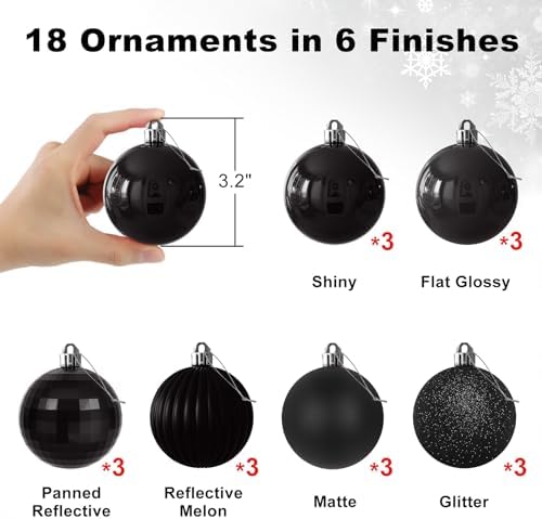 Black 3.2" Large Christmas Balls - Christmas Tree Decoration Ornaments Shatterproof Hanging Balls for Birthday Halloween Holiday Wedding Decorations Set of 18pcs