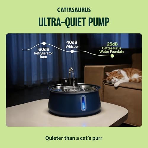 Cattasaurus Wireless 304 Stainless Steel Cat Water Fountain with Filtration, Automatic Water Dispenser for Cats, 135oz Large Capacity, Dishwasher Safe (Blue, Fountain + 14 Filters (3-Month Supply))
