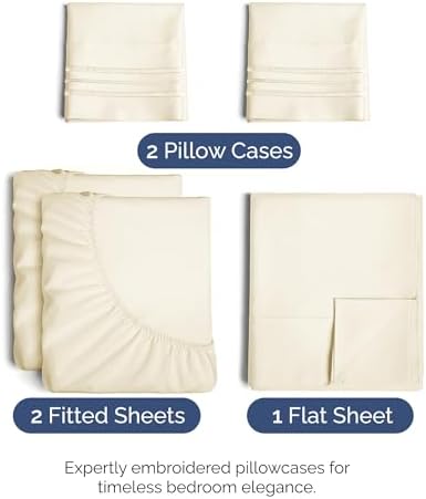 Split King Size 5 Piece Sheet Set - Breathable & Cooling Sheets - Off White