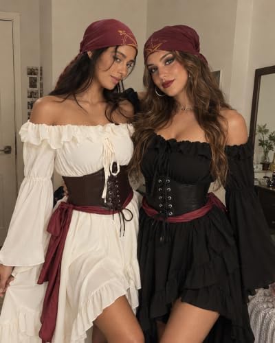 Pirate Costume Women, Renaissance Dress with Corset Belt, 4-Piece