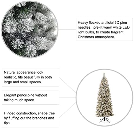 Glitzhome 7.5ft Prelit Christmas Tree, Artificial Christmas Tree with 350 Warm White Lights, Flocked Pencil Christmas Tree and Foldable Metal Stand for Home, Office, Party Decoration, Easy Assembly