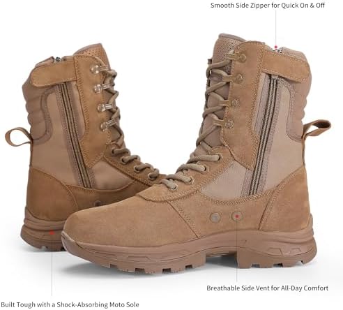 Men's Military Tactical Work Boots with Side Zipper, Puncture Resistant, Desert Combat, Army Jungle, 8 Inch Lightweight Hiking Boots