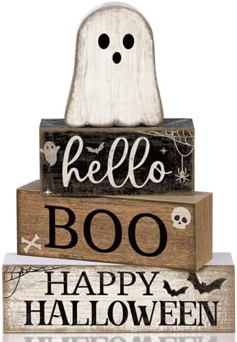 Lineshading 4 Pcs Halloween Table Decor for Home Wooden Ghost Block Signs