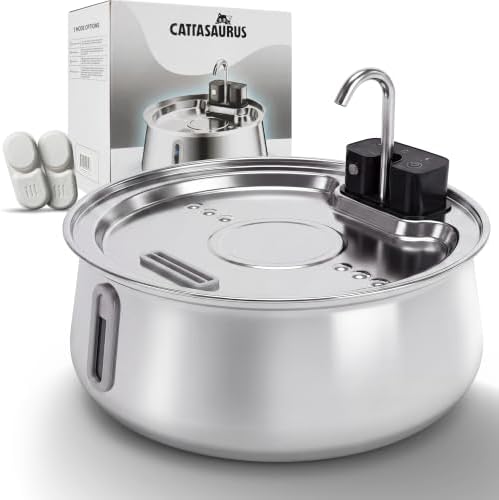 Cattasaurus Wireless 304 Stainless Steel Cat Water Fountain with Filtration, Automatic Water Dispenser for Cats, 135oz Large Capacity, Dishwasher Safe (Silvery, Fountain + 2 Filters (2-Week Supply))
