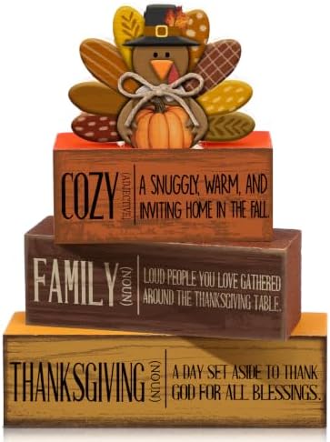 Moucuny 4 Pcs Thanksgiving Table Decoration, Cozy Turkey Wooden Block Signs
