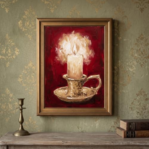 Framed Canvas Wall Art Painterly Glowing Candle Brass Holder Red and Gold Impasto Art Canvas Print Poster Gold Frame Wall Decor for Living Room Warm Ambiance, Traditional Decor - Inch 12x16