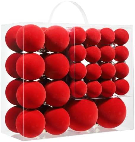 Red Velvet Christmas Ball Ornaments-46pcs Flocked Xmas Tree Decorations