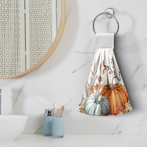 Fall Orange Pumpkin Hanging Hand Towels Set of 2 Autumn Harvest Maple Leaves Kitchen Towels with Hanging Loop Thanksgiving Holiday Bath Towels Soft Absorbent Fingertip Dish Tie Towel for Bathroom
