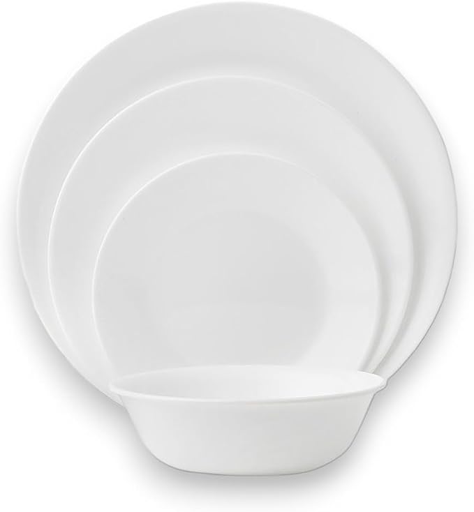 Corelle Vitrelle 18-Piece Service for 6 Dinnerware Set Triple Layer Glass and Chip Resistant, Lightweight Round Plates and Bowls Set, Winter Frost White