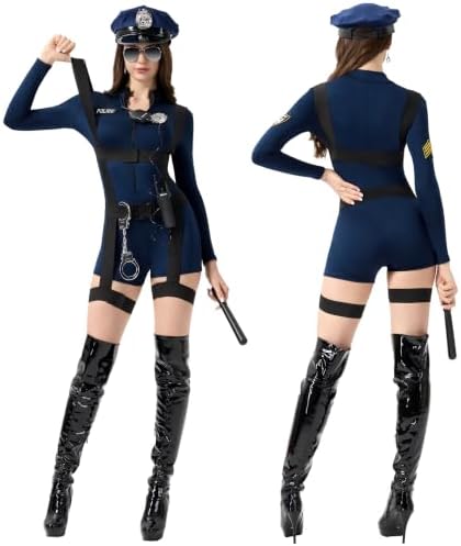 Police Costume Women Cop Officer Romper Bodysuit Halloween Party Outfit Set