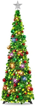 N&T NIETING Pop Up Christmas Tree with Lights & 30 Balls, 5Ft Collapsible Green Tinsel Christmas Tree Decoration for Holiday Xmas Home Office Decor