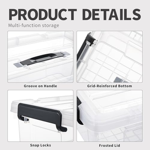 Cetomo Lidded Storage Bin with Handle, Storage Bins with Lid, Organizing Container with Secure Latching Buckles, Stackable and Nestable, Plastic, 25 Quart-4 Pack, Clear