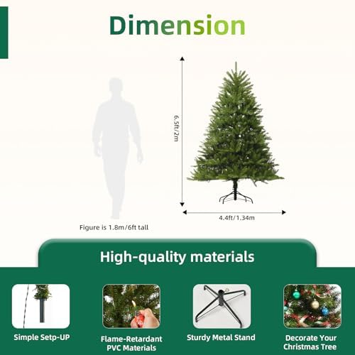6.5FT Unlit Christmas Tree Green, Dunhill Fir Artificial Tree with 1838 PVC Branch Tips, Realistic Full Shape, Foldable Metal Stand for Indoor Home, Office & Holiday Decoration