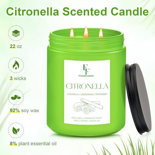 Citronella Large Scented Candle Outdoor Indoor, 3-Wick 22oz Long Lasting Scented Candle, Natural Soy Wax Aromatherapy Candle for Backyard Patio Garden Camping