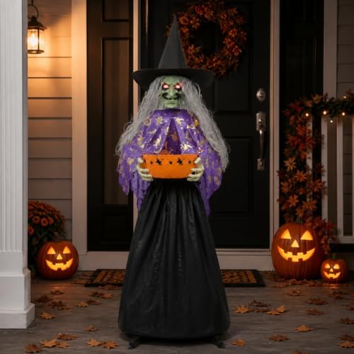 MCJC 57-Inch Animated Witch Candy Bowl, Sound-Activated Halloween Decor