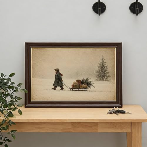 Vintage Child Sled Wrapped Boxes Evergreen Snow Christmas Canvas Wall Art