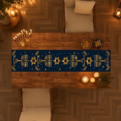 Hanukkah Decorations - Navy Blue Gold Hanukkah Table Runner