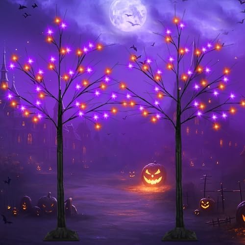2 Pack 4FT Lighted Black Halloween Tree with 96 LED Orange & Purple Lights