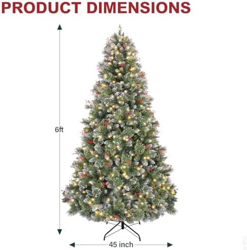 Hykolity 6 ft Prelit Christmas Tree with Pine Needle and Red Berries