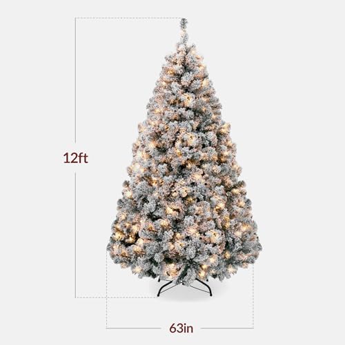Best Choice Products 12ft Pre-Lit Artificial Christmas Tree Twinkling LEDs, Snow Flocked Design Pine Tree, Full Appearance Lighted Snowy w/Easy Assembly, 1,700 Lights, 3,989 Tips Metal Stand
