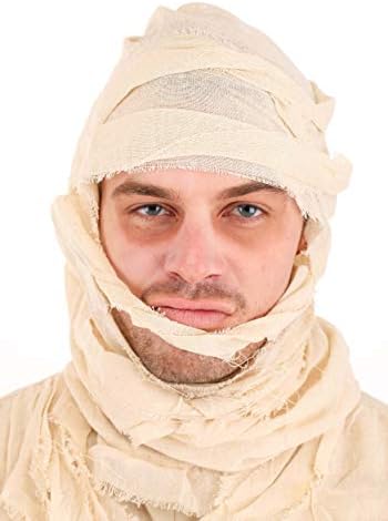 Men's Mummy Halloween Costume | Adult Classic Horror Theme with Bodysuit with Attached Head Wrap and Bandage Strip