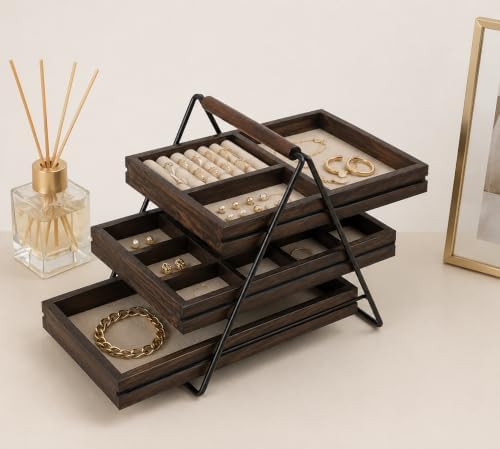 3 Tiered Wood Jewelry Organizer Tray- Walnut Finish Jewelry Storage Organizer for Rings, Watches, Bracelets, Earrings, Necklaces, and Accessories