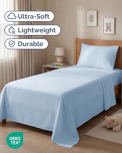 Twin Size 3 Piece Sheet Set - Comfy Breathable & Cooling Sheets - Sky Blue