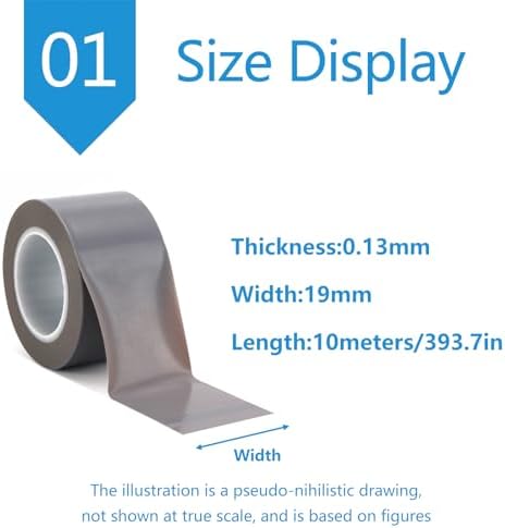 PTFE Heat Resistant Tape Thin Film High-Temperature Adhesive Teflon Fabric Tape Various Specifications are Available for Machined Parts,Width:19mm,Thick:0.13mm