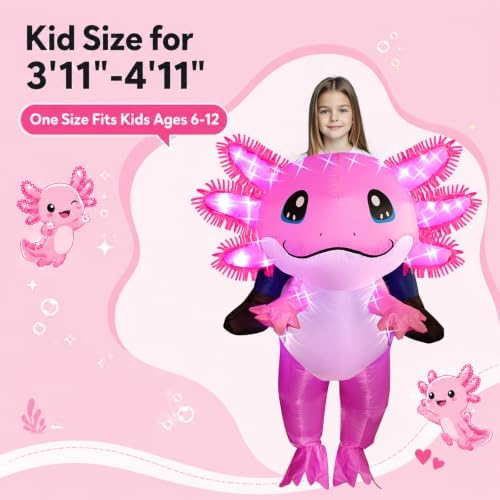 Stegosaurus Inflatable Axolotl Costume for Kids with LED Lights, Ride-On Blow Up Halloween Cosplay Outfit for Girls and Boys
