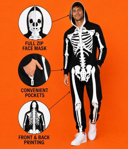 Tipsy Elves Men's Halloween Skeleton Costume Hooded Jumpsuit Adult Onesie