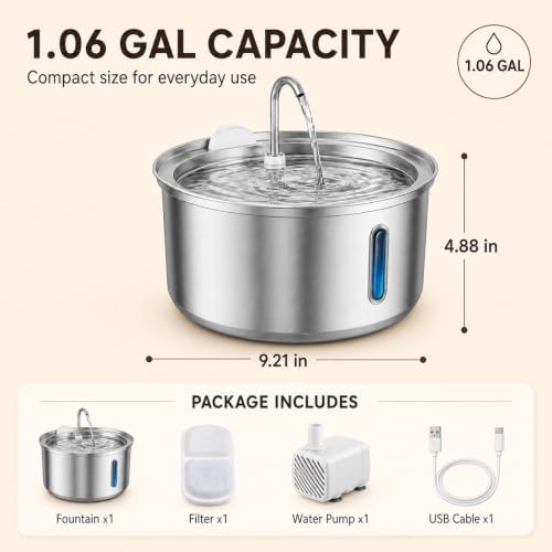 FreshFlow Cat Water Fountain, Stainless Steel Pet Drinking Fountain with Triple Filtration for Cats and Dogs, Automatic Pet Water Fountain，Silver 2.11 GAL