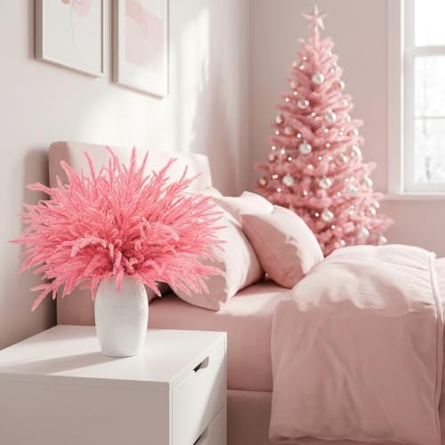 40 Pcs Pink Artificial Christmas Pine Branches, Pink Christmas Tree Picks
