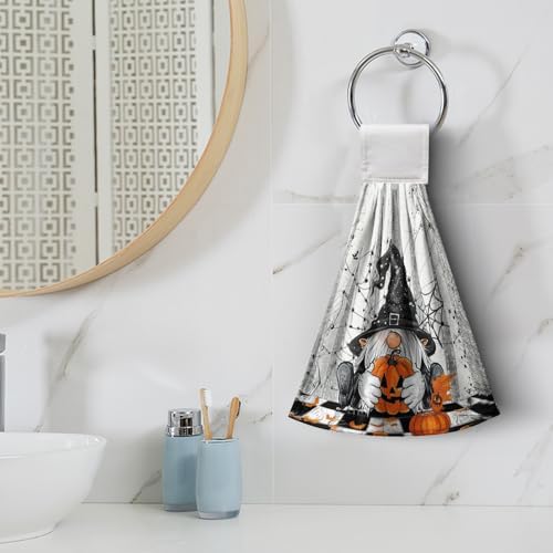 Halloween Gnome Pumpkins Hanging Hand Towels Set of 2 Bats Spider Webs Truck Kitchen Towels with Hanging Loop Orange and Black Seasonal Tea Towel Soft Absorbent Fingertip Tie Towels for Bathroom
